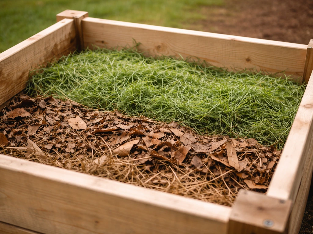 Composteur de jardin avec couches alternées de tonte fraîche et matières brunes comme feuilles mortes et paille.