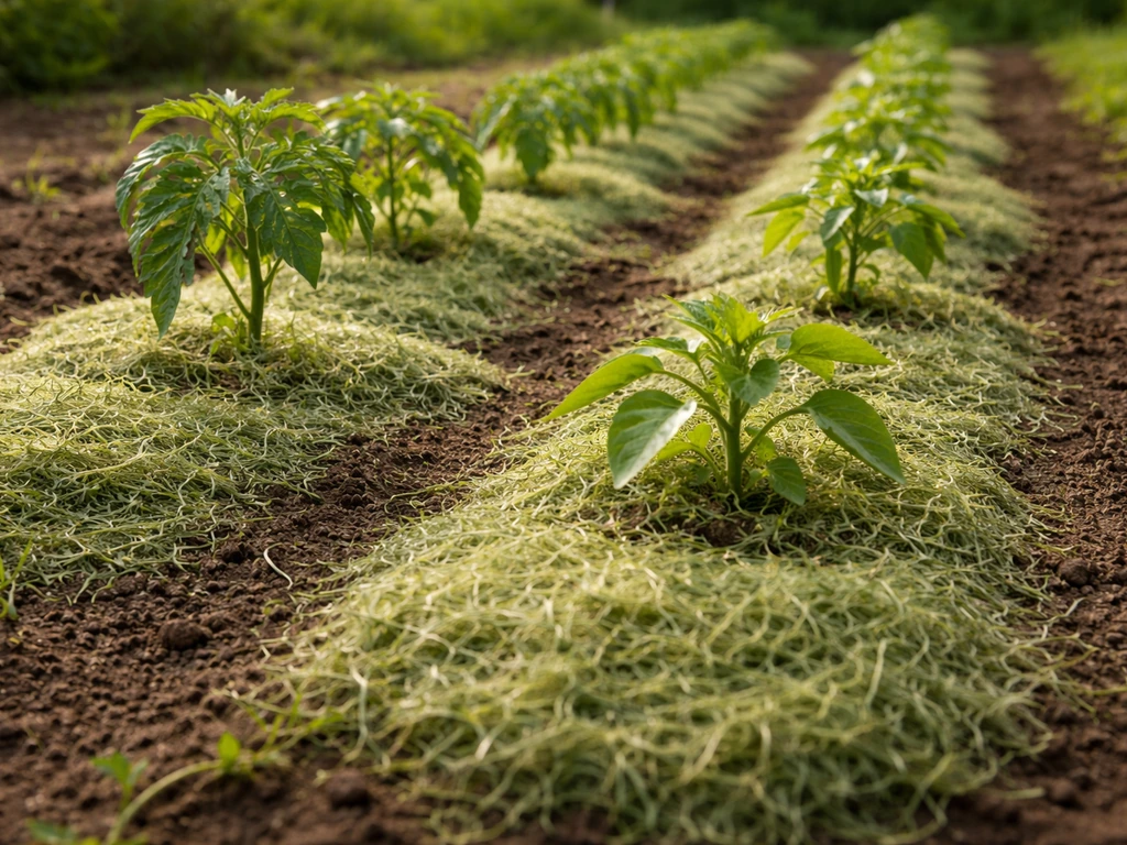 Paillage de tonte fraîche étalée au pied de jeunes plants au potager, terre visible et mauvaises herbes réduites.