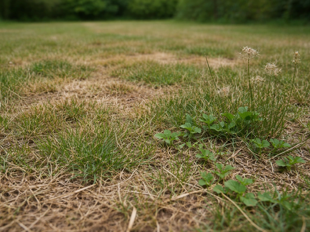 Gros plan d’une pelouse abîmée avec mauvaises herbes en graines et herbe coupée laissée au sol.