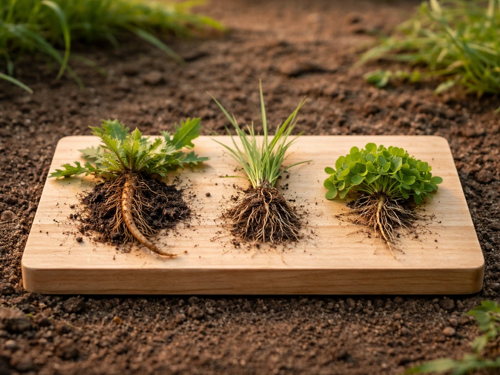 Graines et racines d’adventices dans un petit coin jardin, symbolisant un tableau de méthodes d’élimination.