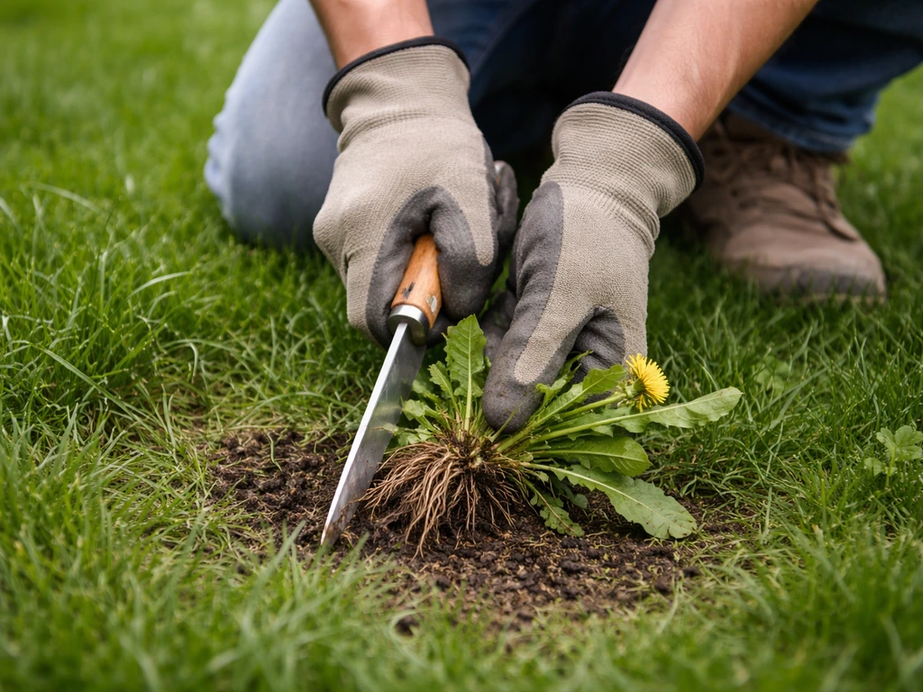 Un jardinier arrache une petite touffe de mauvaises herbes à l’aide d’un couteau désherbeur, gazon intact autour.