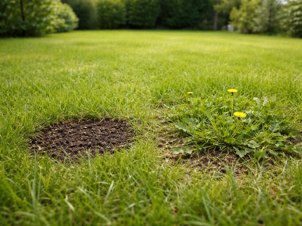 Pelouse française avec zones désherbées et mauvaises herbes visibles, vue d’ensemble au naturel.