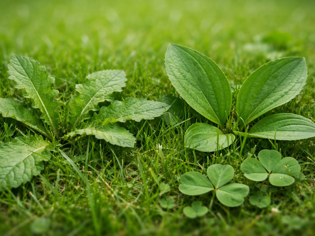 Feuilles larges de pissenlit, plantain et trèfle blanc au milieu du gazon, pour l’identification.