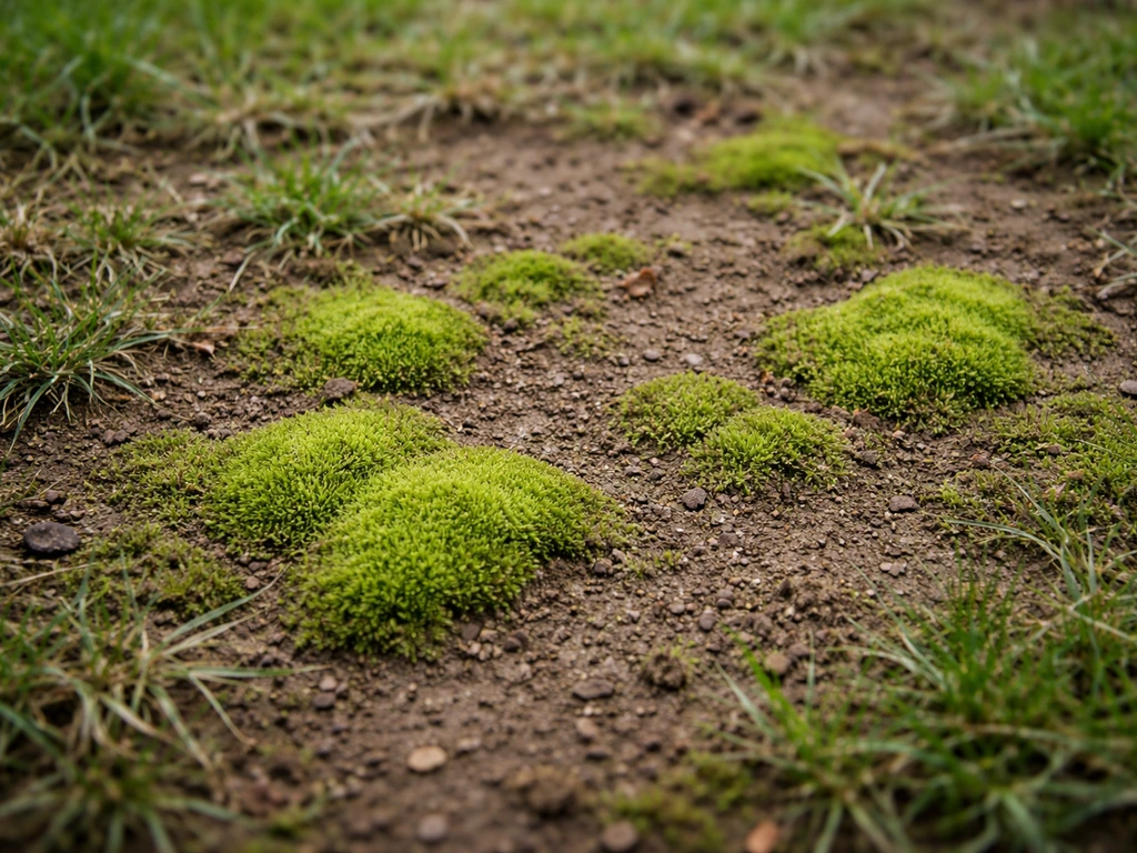 Mousse feutrée sur une pelouse et sol compactés, zone encrassée visible dans un petit coin.