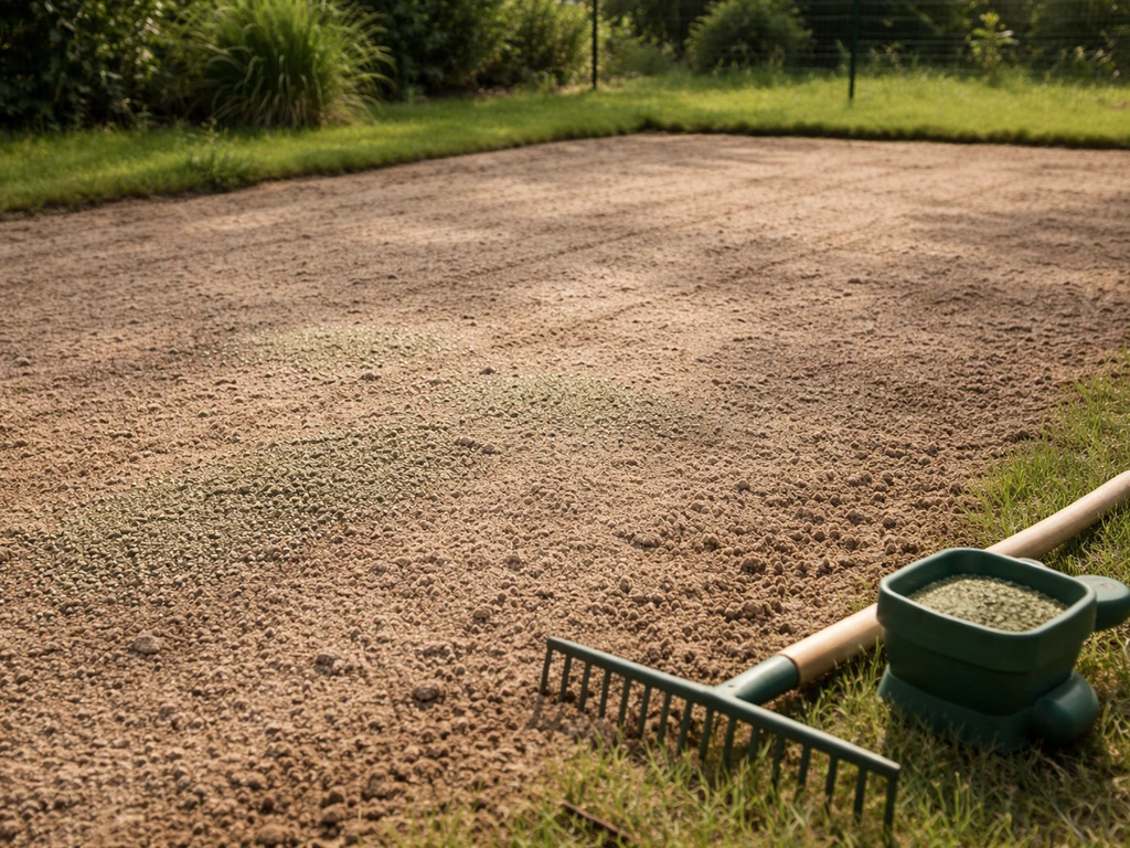 Pelouse fraîchement ensemencée : sol préparé, graines visibles et râteau/épandeur à proximité, jardin minimal.
