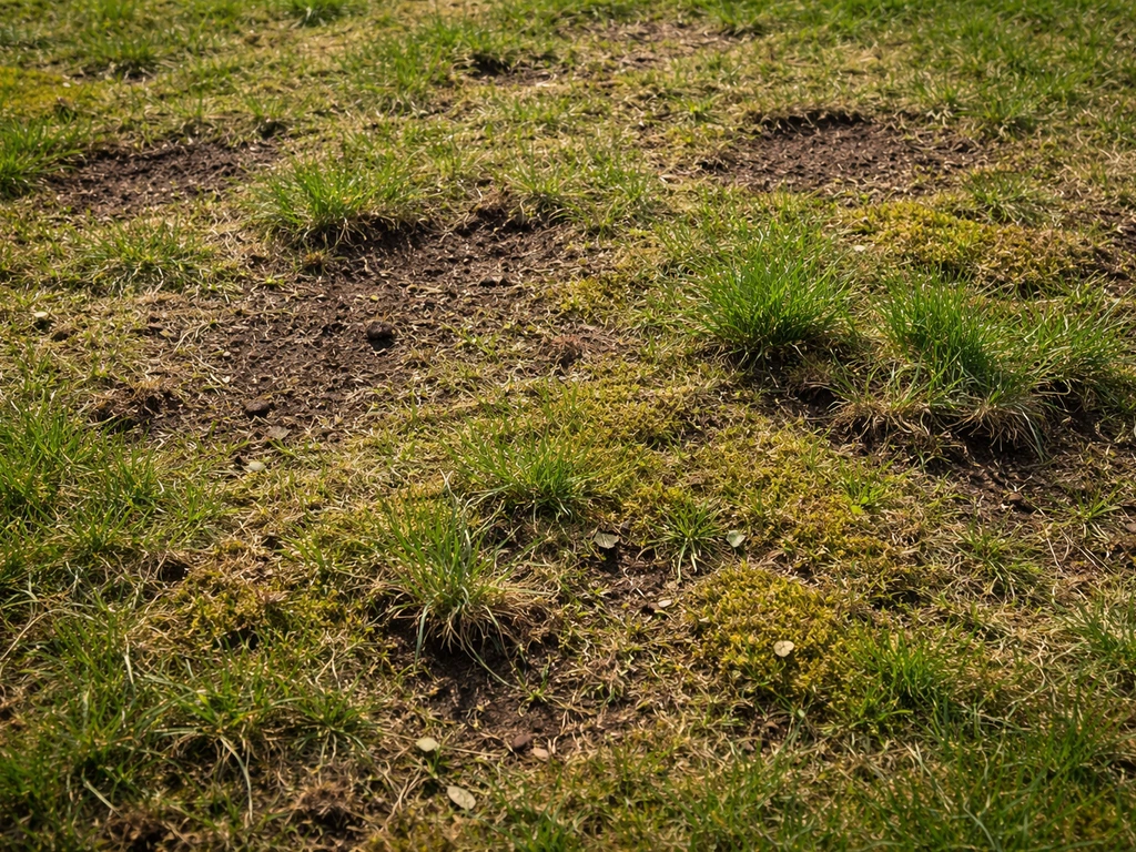 Gros plan d’une pelouse avec zones clairsemées, touffes arrachées et mousse/feutrage visibles.
