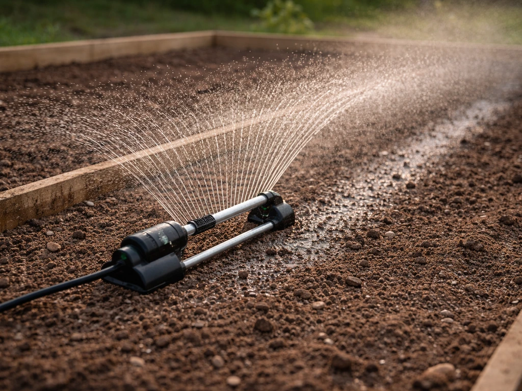 Arroseur oscillant en marche sur sol juste après semis, sol légèrement humidifié en période de germination.