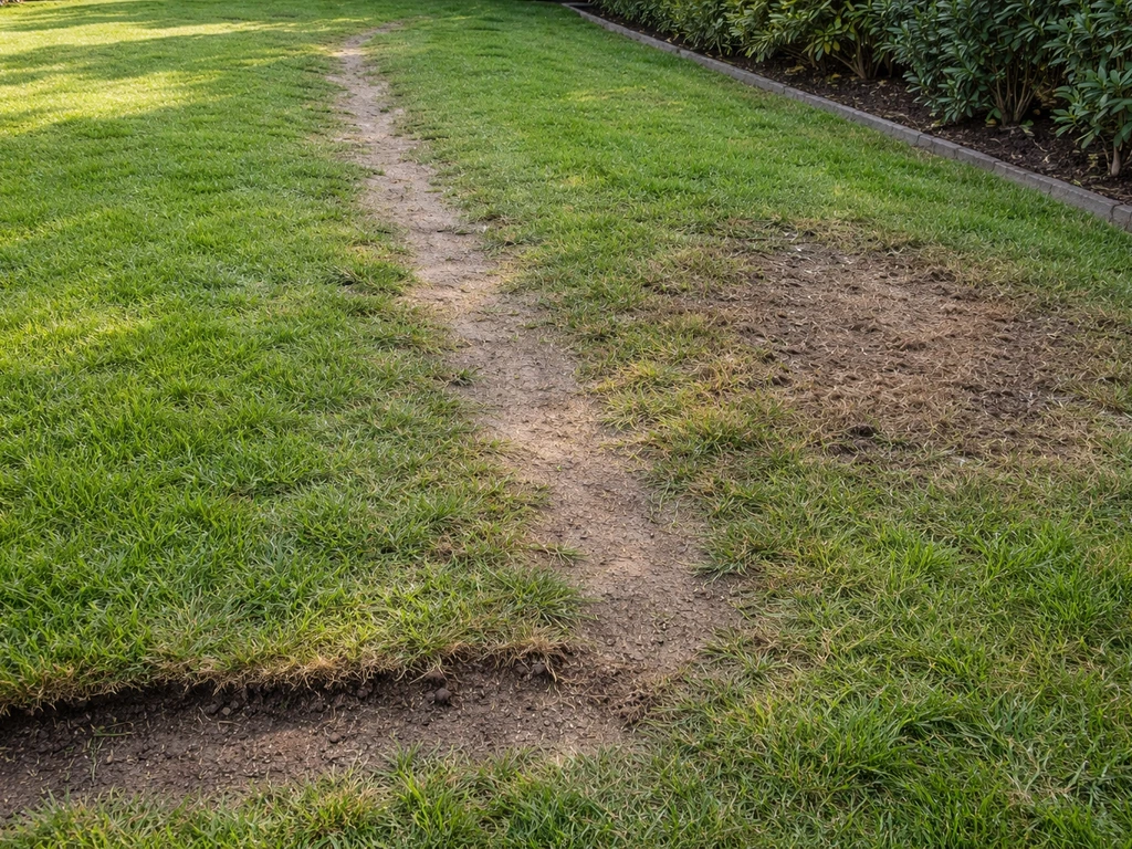 Pelouse abîmée avec zone piétinée et zone desséchée près d’une bordure, prête à être diagnostiquée.