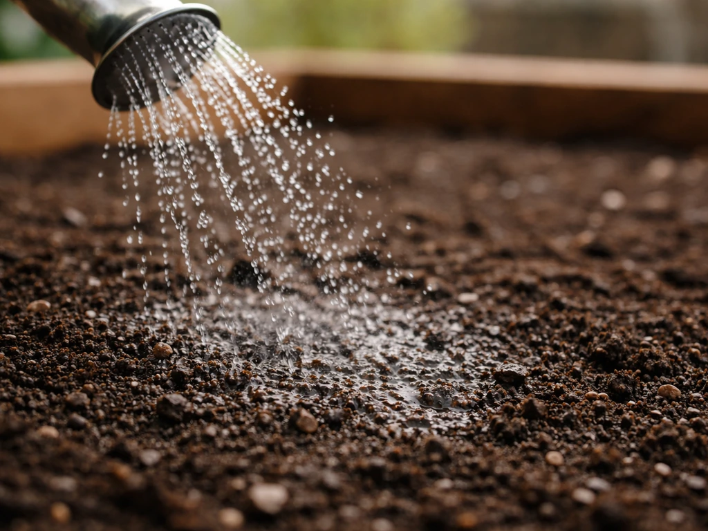 Gros plan sur un arrosage en pluie fine qui humidifie la surface du sol après semis