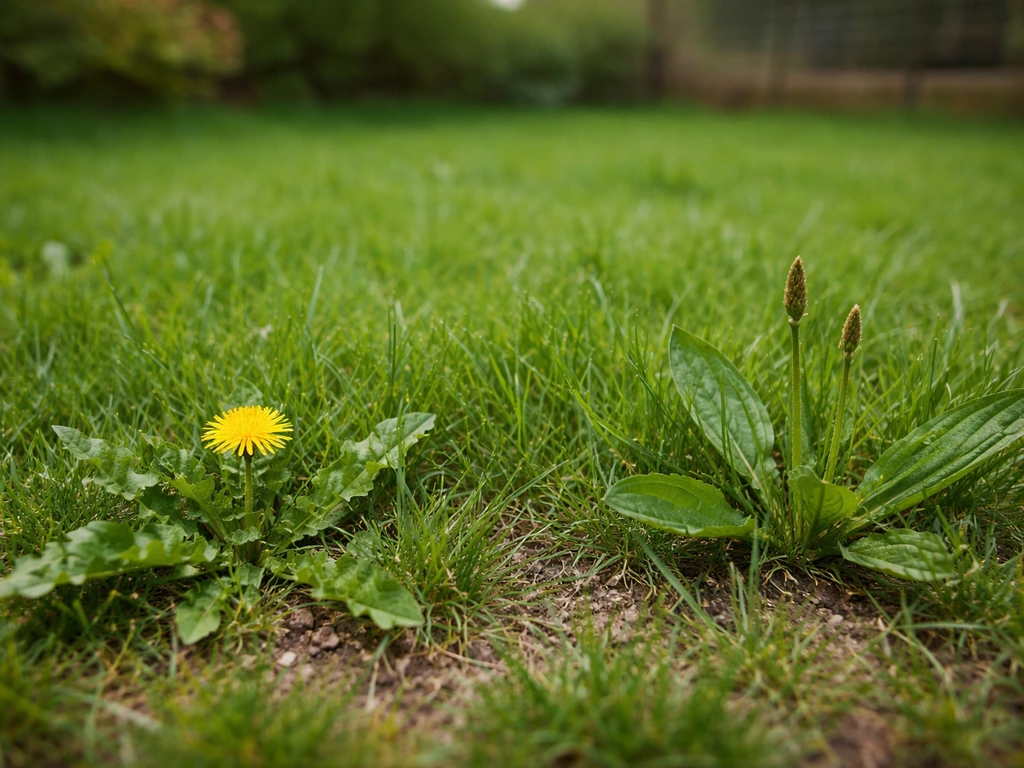 Pelouse de jardin française avec quelques mauvaises herbes visibles avant désherbage