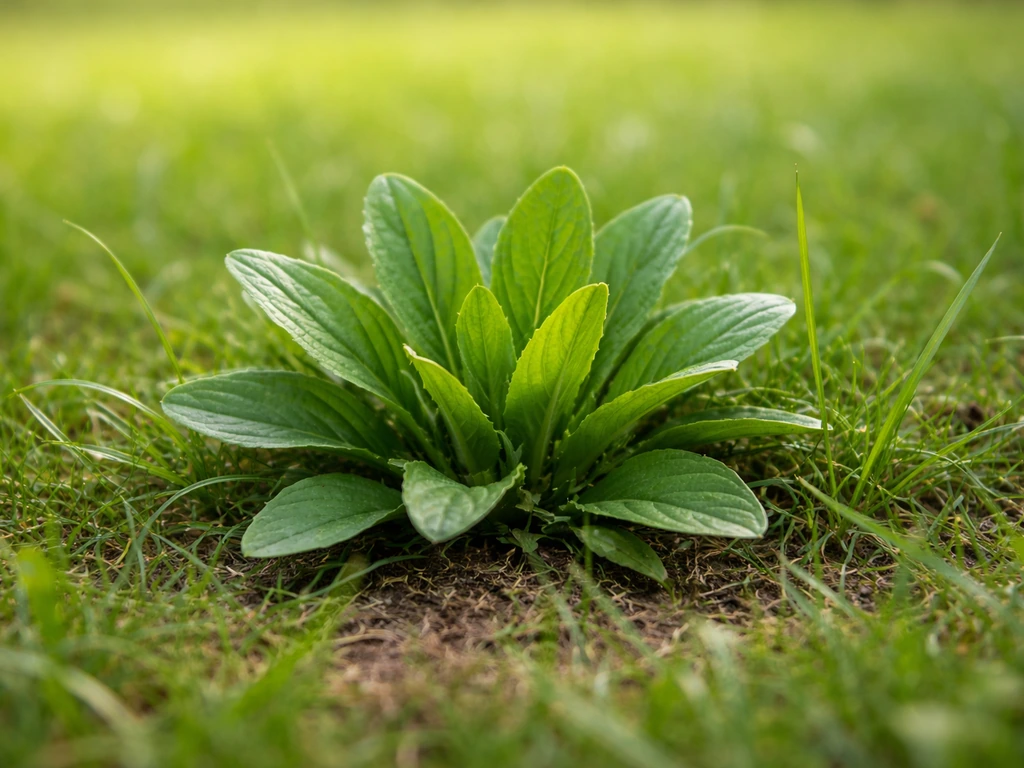 Gros plan dans l’herbe d’une rosette compacte évoquant le plantain lancéolé, pour distinguer les mauvaises herbes.