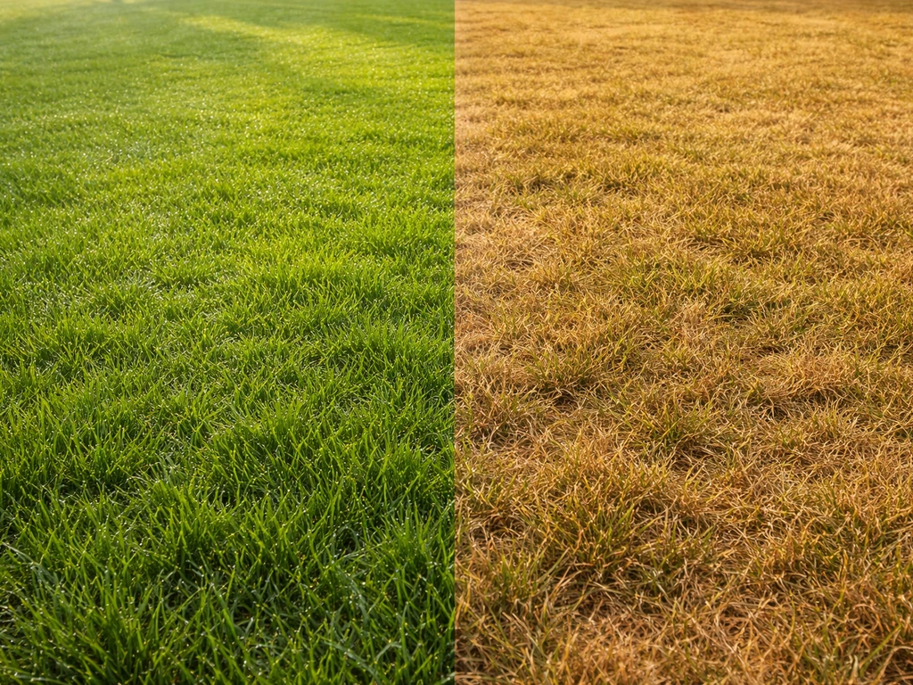 Pelouse verte au printemps se transformant en pelouse plus brune à l’automne, photo réaliste et simple.