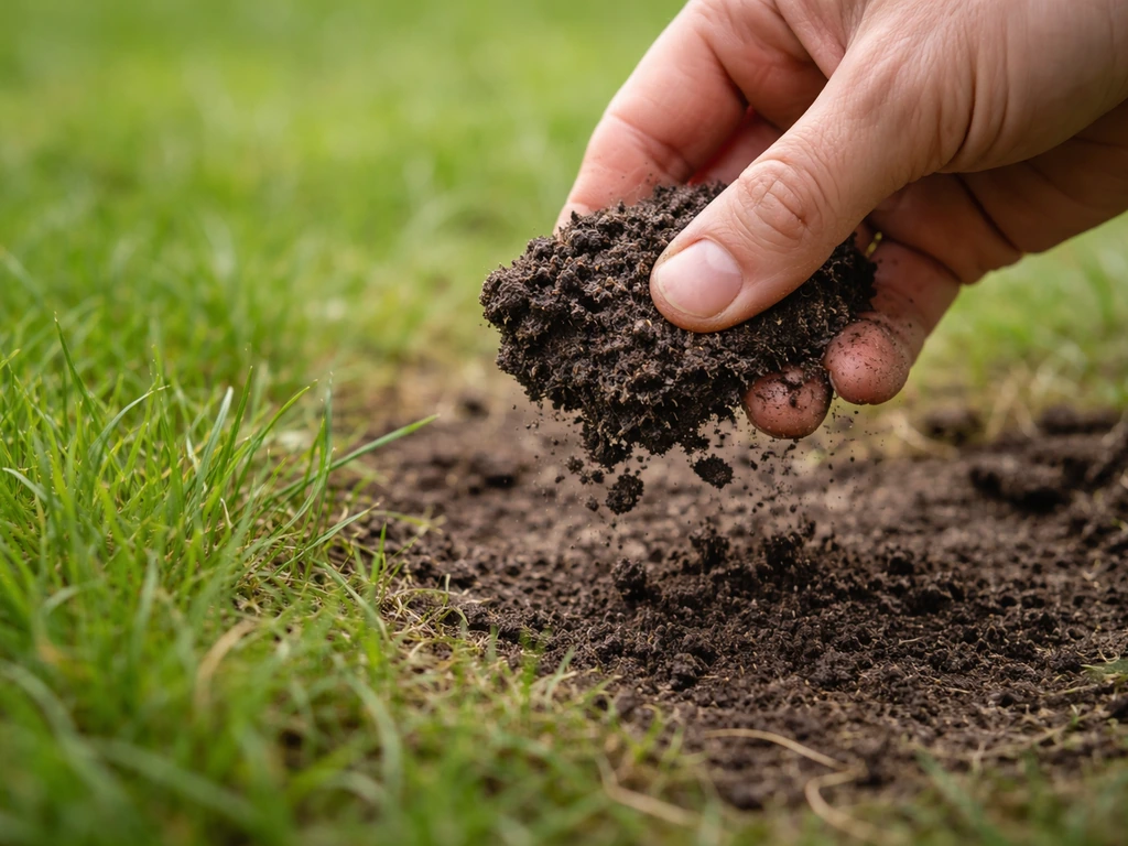 Main tenant une motte de terre : elle s’effrite légèrement, sol humide idéal pour le gazon.