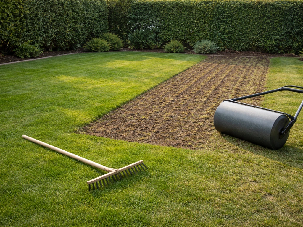 Gazon en rénovation : zones scarifiées et regarnies, râteau et rouleau à gazon visibles dans un jardin français.