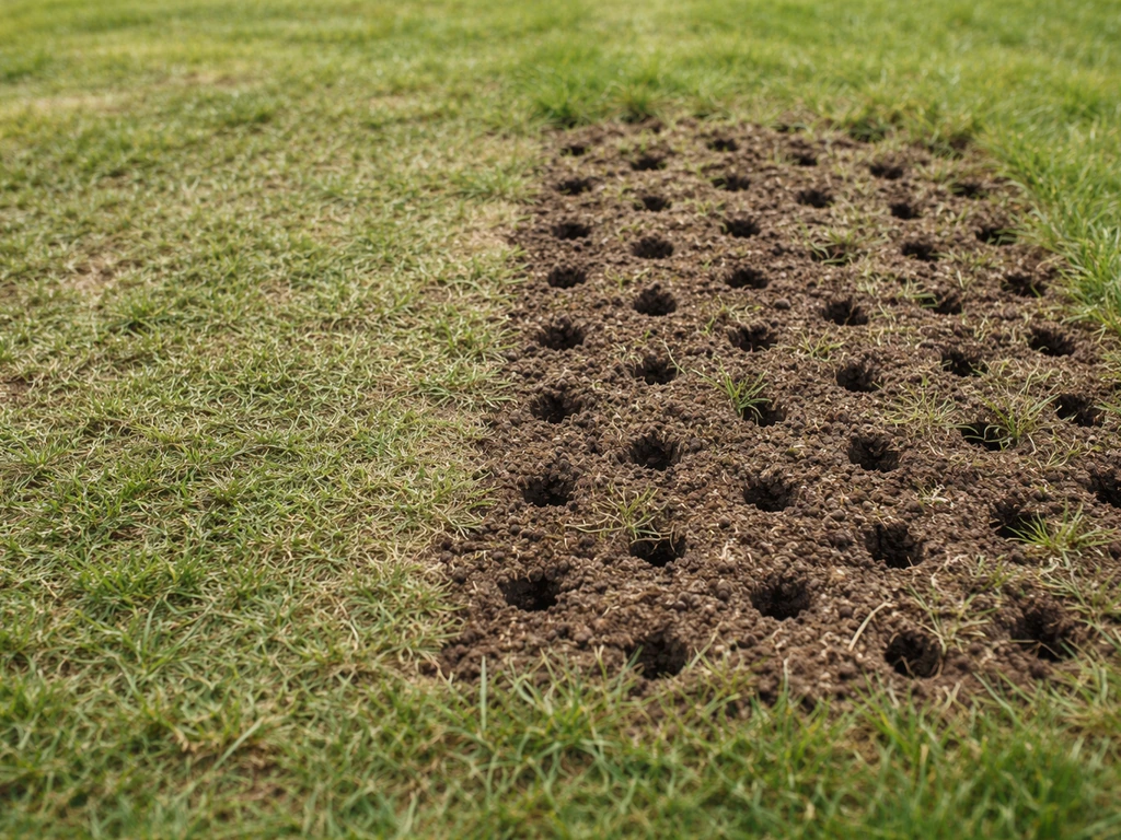 Pelouse avant/après sur une même zone, sol perforé fraîchement par un carottage pour corriger le compactage.
