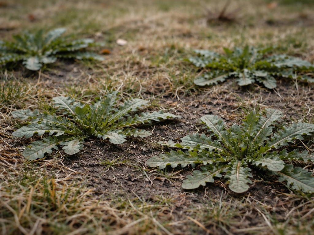 Gros plan de rosettes de pissenlit et feuilles sur une pelouse clairsemée en hiver.