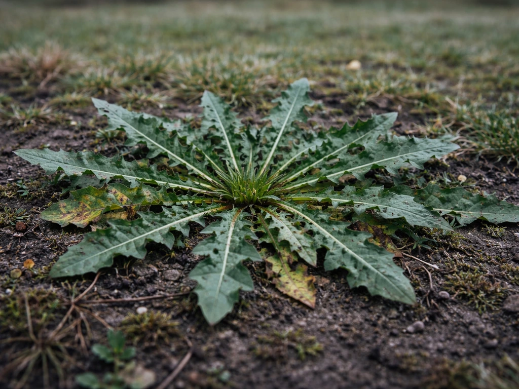 Gros plan d’une rosette de pissenlit en hiver, feuilles découpées, gazon flou en arrière-plan.