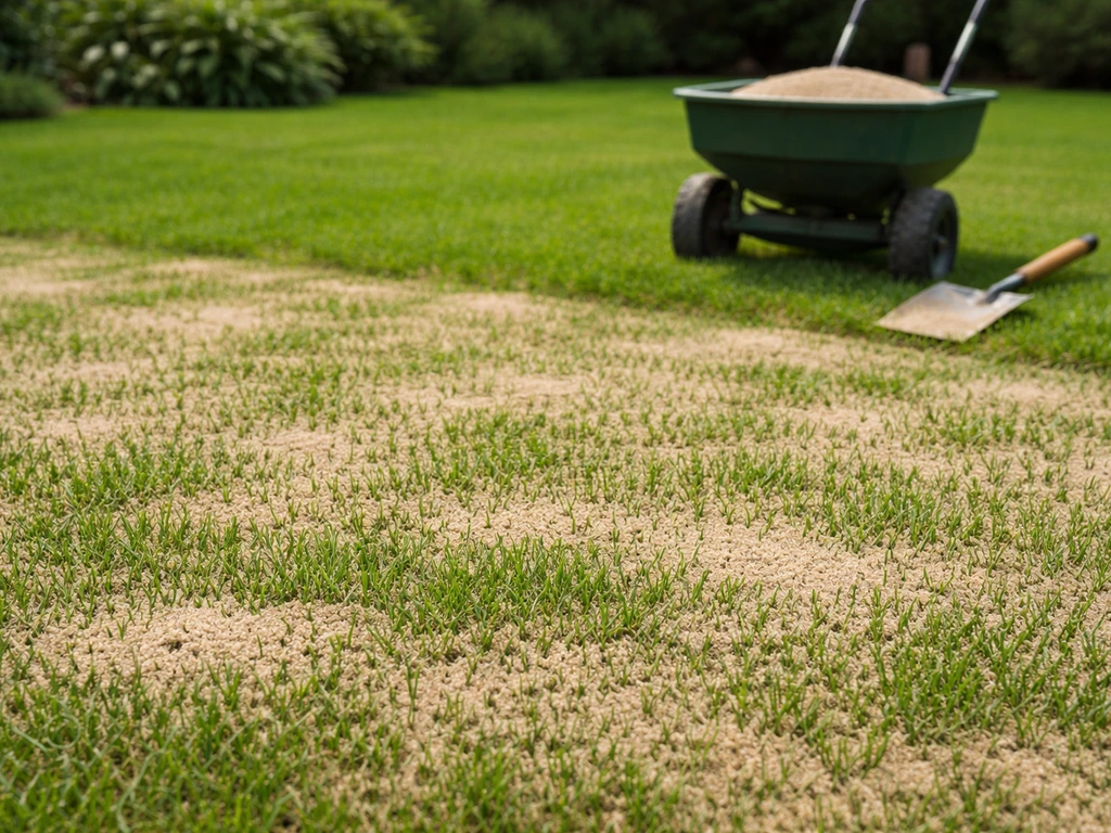 Pelouse de jardin en cours de sablage : sable fin visible entre les brins d’herbe, épandeur en arrière-plan.