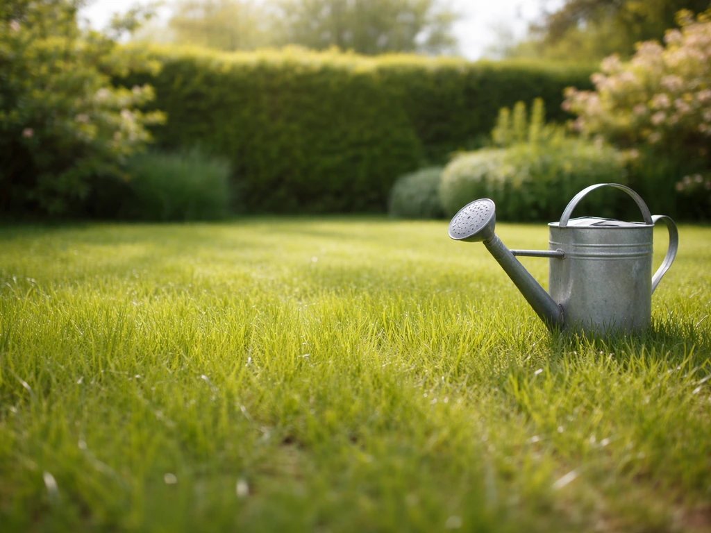 Pelouse verte en croissance dans un jardin au printemps, arrosoir au sol, lumière naturelle et ambiance douce.