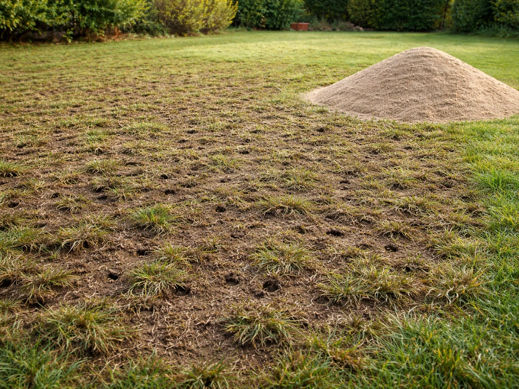 Pelouse fraîchement scarifiée avec trous et relief, sable fin prêt à être épandu