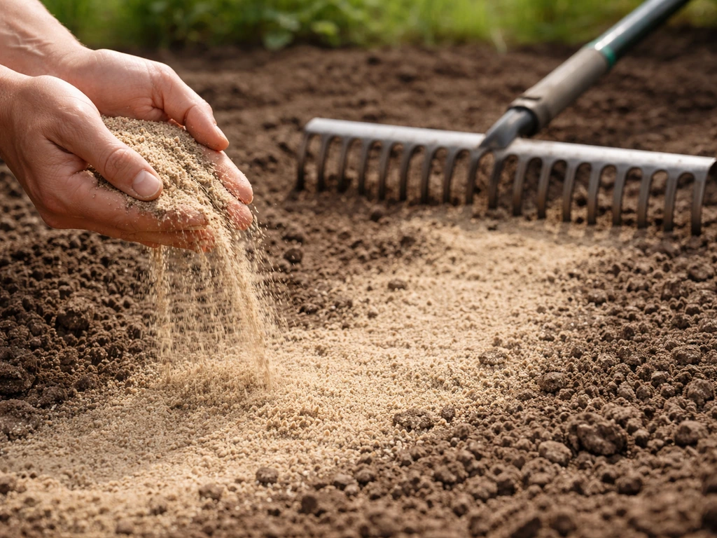 Mains tenant une poignée de sable et râteau large lissant la surface d’un jardin après épandage.