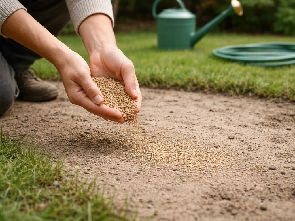 Mains répandant des graines de pelouse sur une fine couche de sable, arrosage sur le point de commencer.