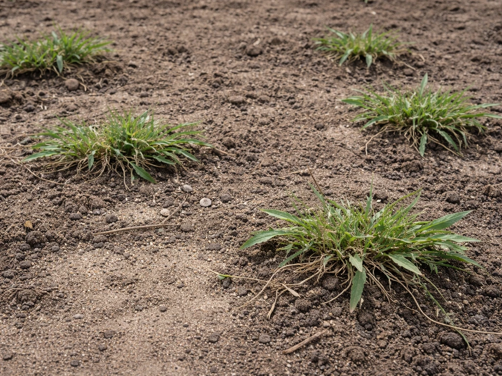 Zone de jardin avec mauvaises herbes au sol avant la pose de gazon, vue rapprochée et réaliste.