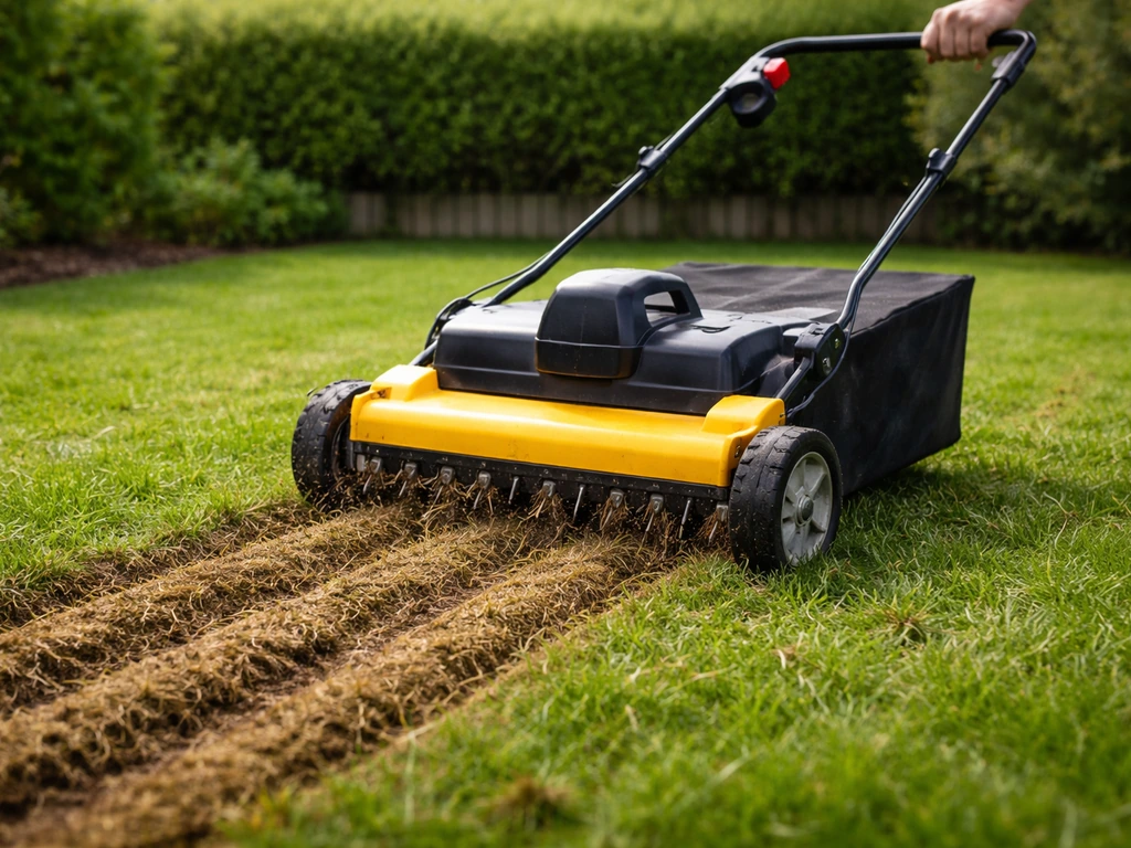 Scarificateur à lames en action sur une pelouse, chaume visible et stries régulières.