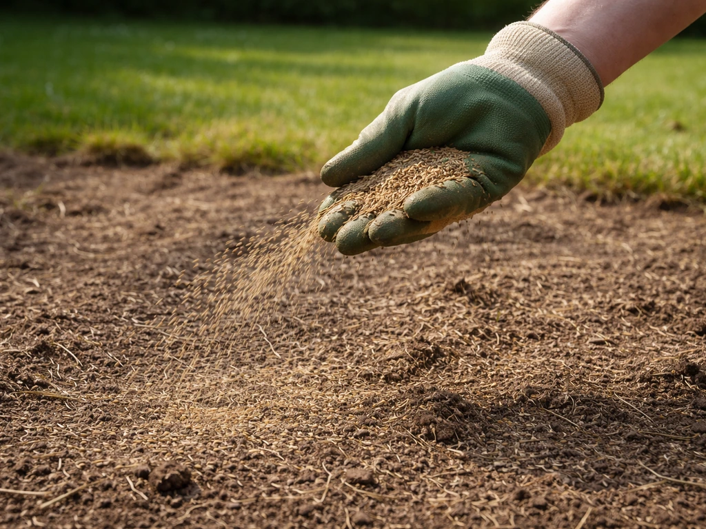 Une main en gants épand des semences d’herbe sur un sol scarifié, pelouse éclaircie et “ouverte”.