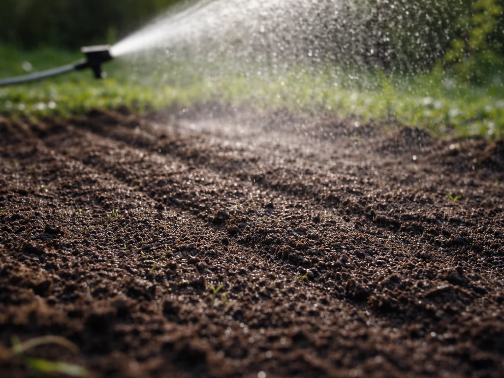 Jeune surface fraîchement semée arrosée en pluie très fine pour maintenir une humidité constante