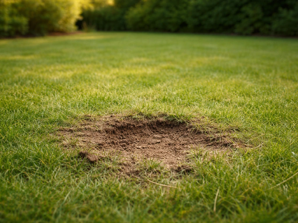Pelouse de jardin française avec une zone abîmée (trou et zones clairsemées) prête à être réparée.