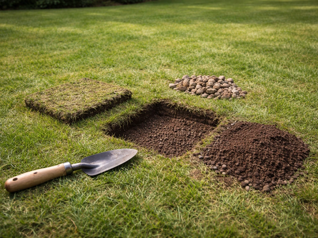 Pelouse avec trou en cours de réparation : herbe découpée retirée, pierres enlevées, rebouchage prêt pour regarnissage.