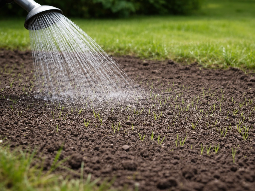 Arrosage en pluie fine sur une zone de semis fraîche, sol humide et premières levées visibles.