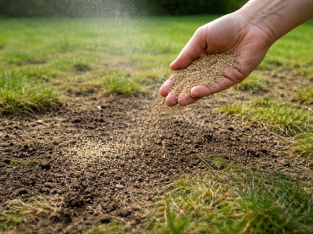 Une main répand des graines de gazon sur une pelouse dénudée, avec un recouvrement léger et une brume d’arrosage.