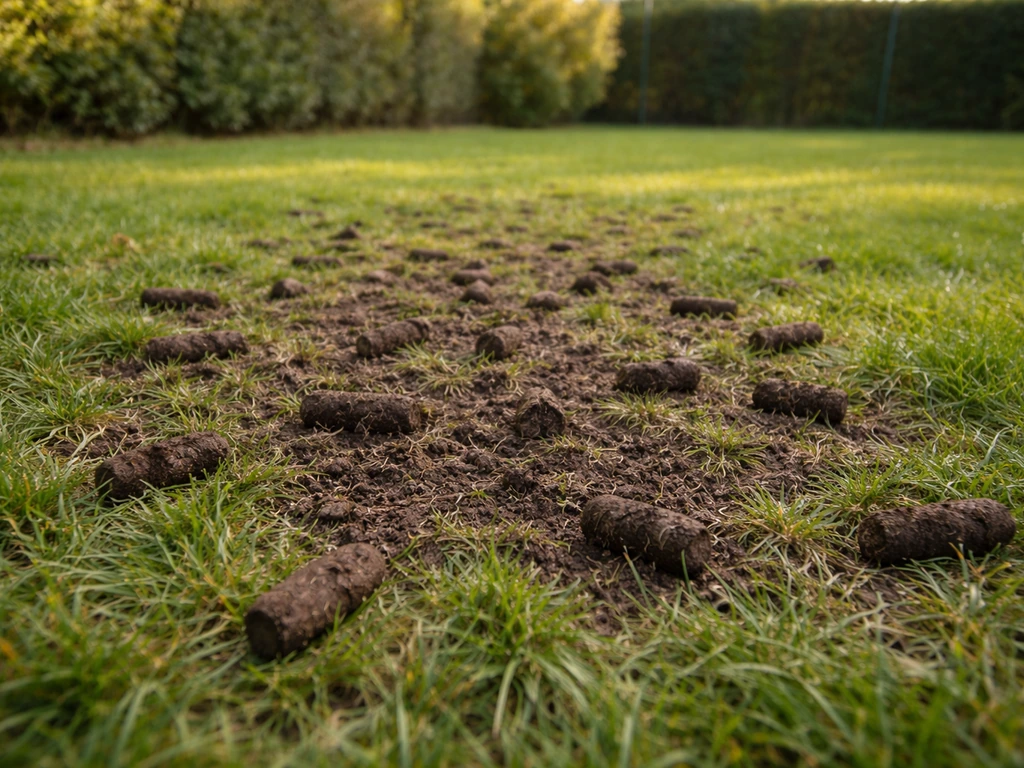 Pelouse de jardin décompactée : sol aéré et petits cylindres de terre fraîchement extraits.