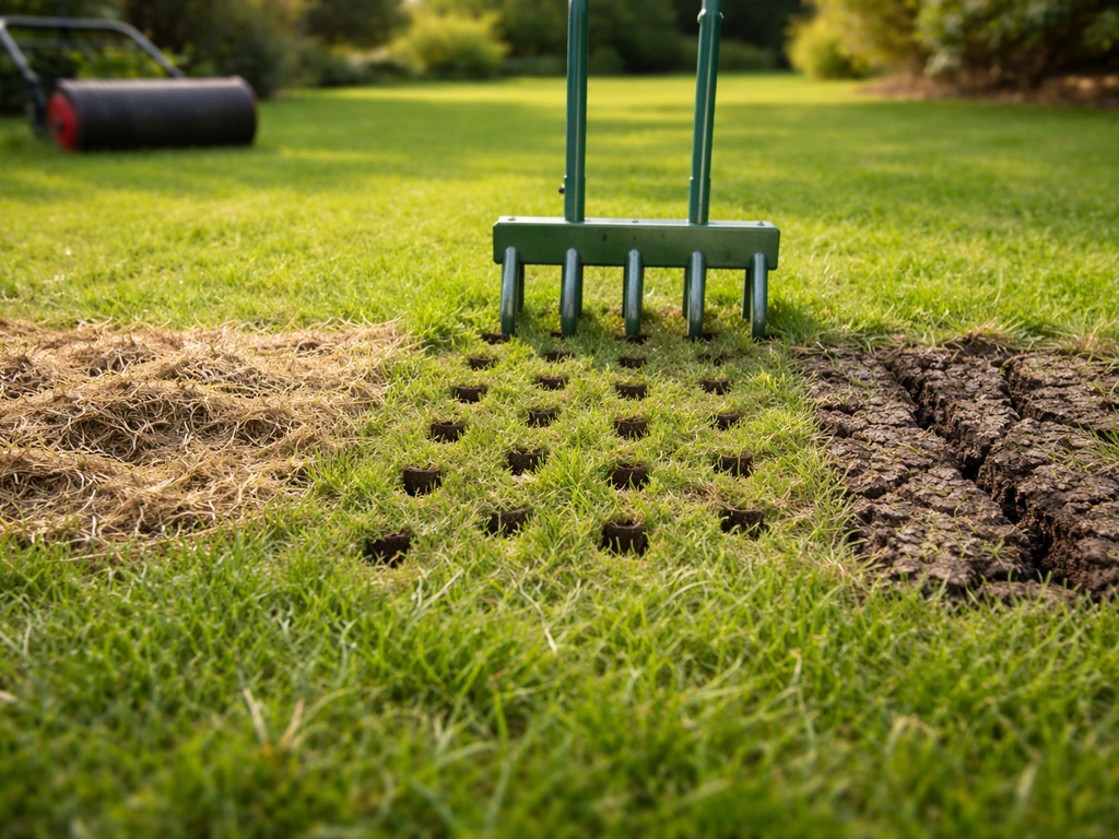 Gazon avec trois interventions visibles : chaume gratté, trous d’aération par carottage et sol décompacté plus en profon