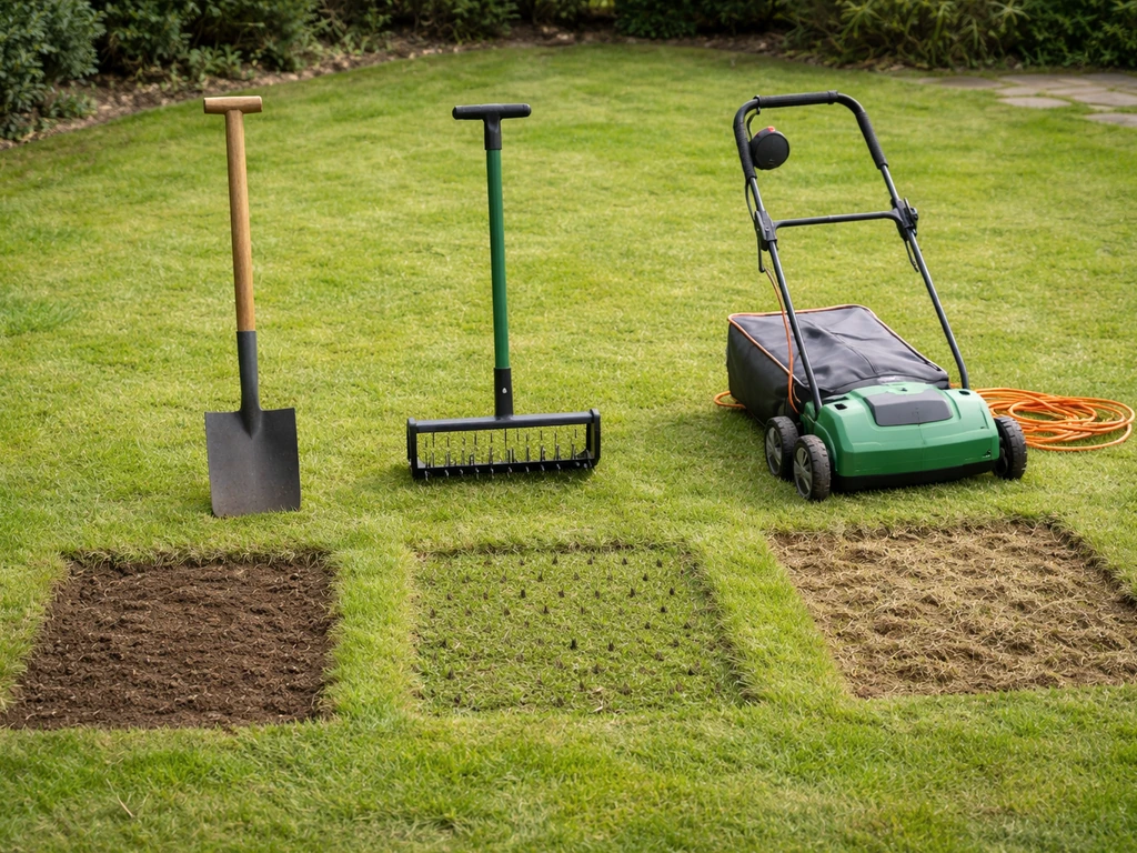 Trois outils de jardin posés près de zones de pelouse distinctes, montrant des profondeurs suggérées.