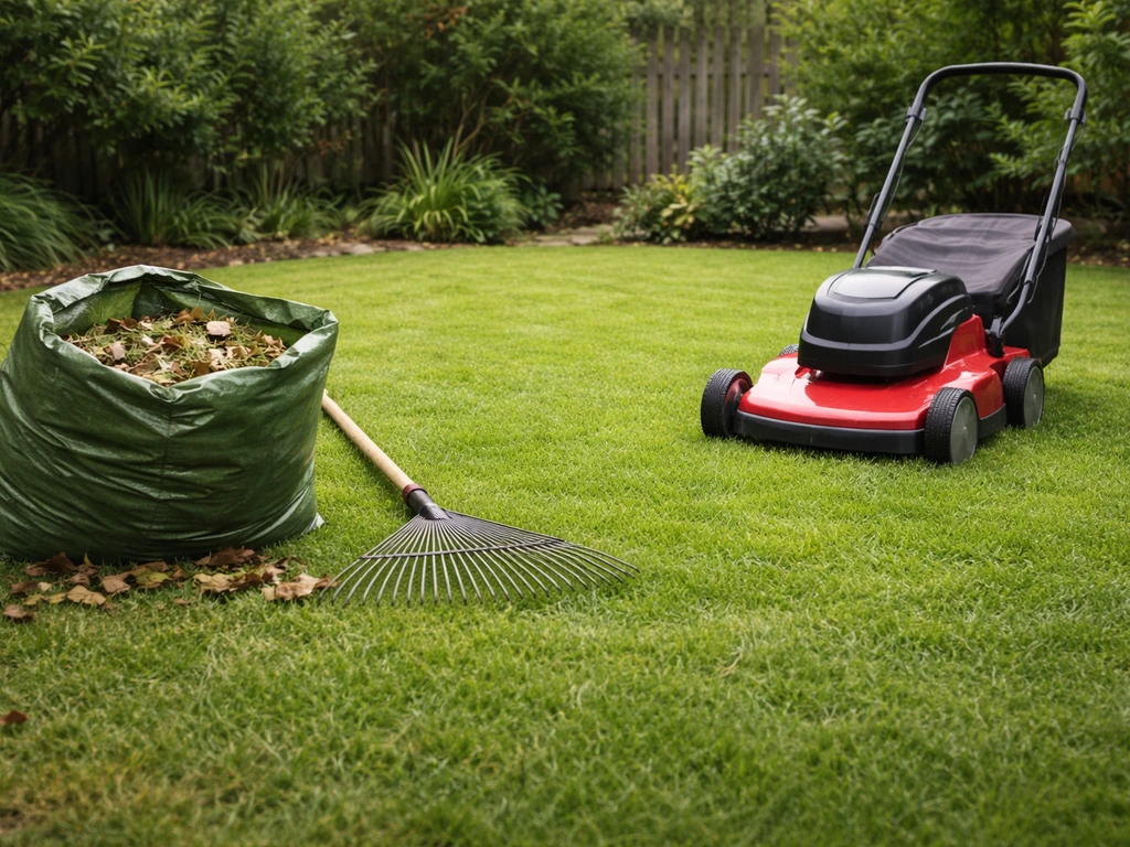 Pelouse tondue à 3–4 cm avec ramassage des feuilles, vue du matériel avant décompactage.