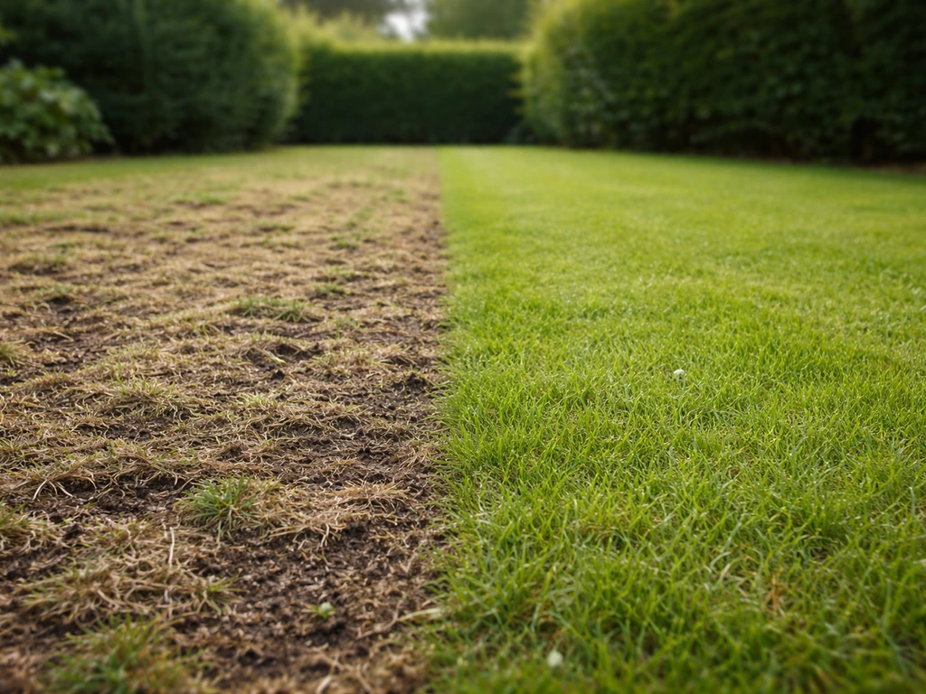 Pelouse scarifiée avec bandes de terre à côté d’une zone regarnie, herbe uniformément repartie.