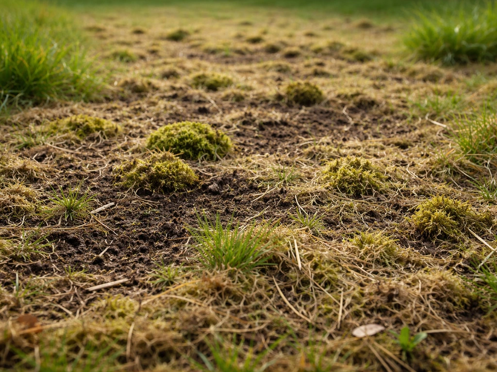 Pelouse après scarification : feutre arraché, mousse visible et zones de sol mises à nu.
