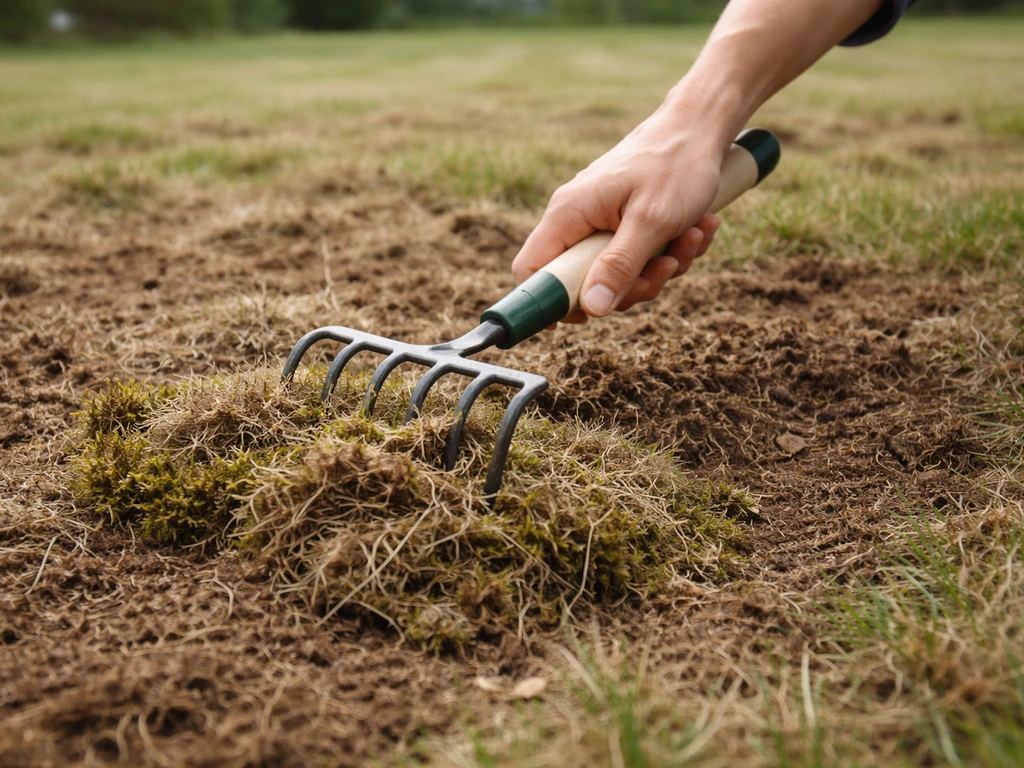 Main ramassant au râteau des débris de scarification (feutre, mousse, herbe morte) sur une pelouse.