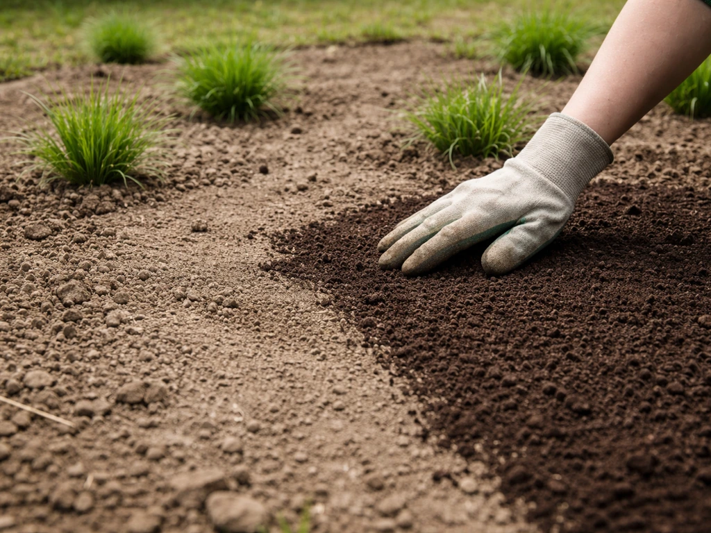 Une main gantée étale une fine couche de terreau tamisé sur une zone de jardin dégarnie, différence avant/après visible.