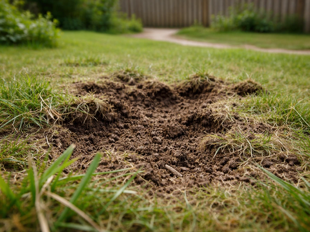 Pelouse de jardin abîmée : herbe arrachée et traces de griffures au sol, sans animaux visibles.