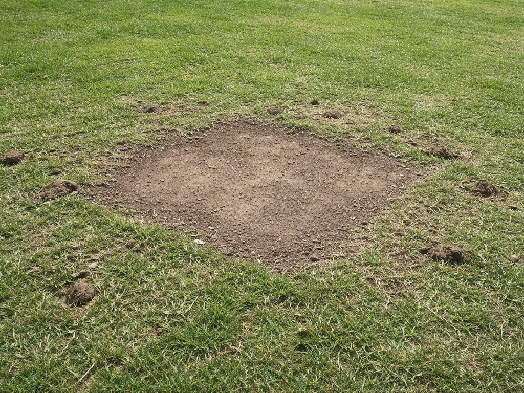Plaque d’herbe rasée et dénudée, bien délimitée, avec terre retournée au sol dans une pelouse.