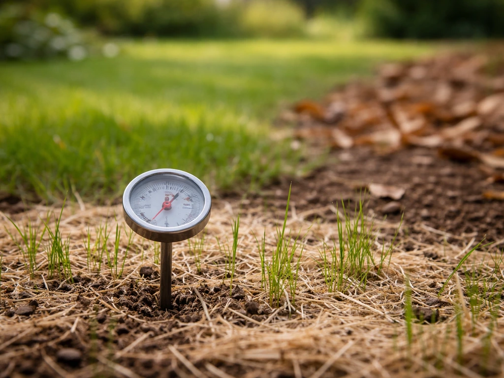 Thermomètre de sol dans la terre, pelouse naissante, ambiance printemps et automne en arrière-plan flou.