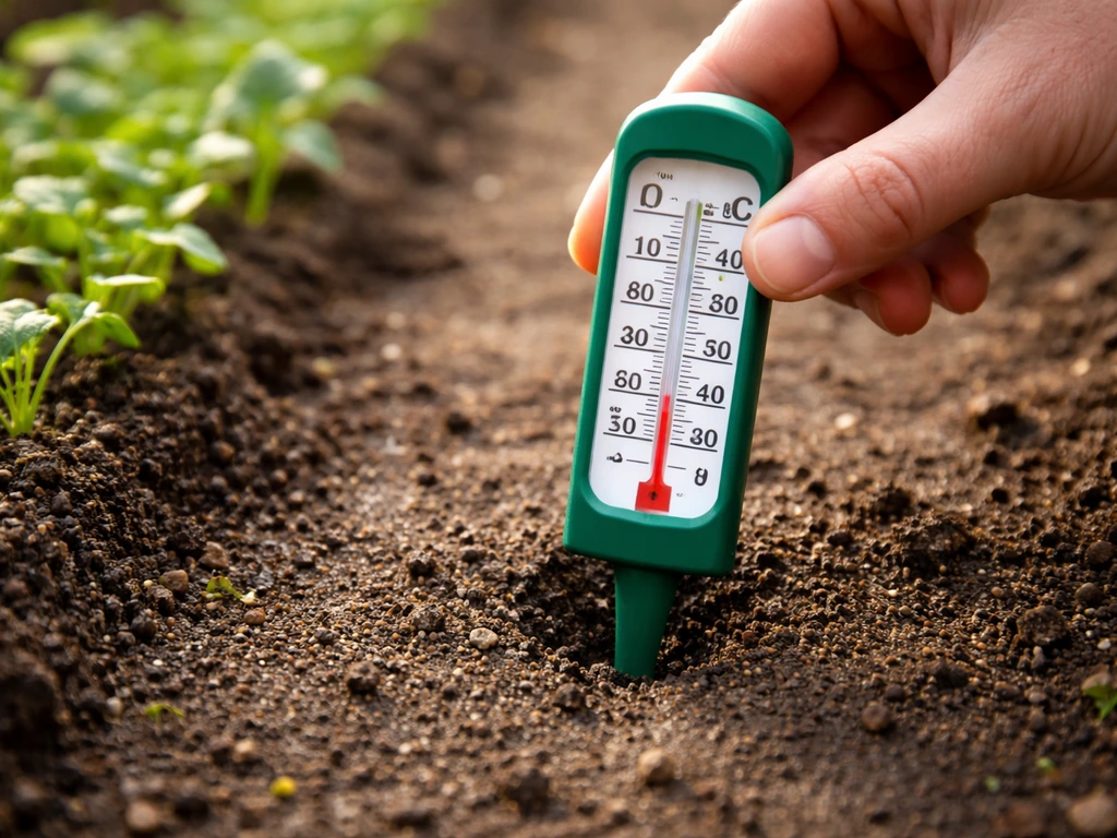 Main enfonçant un thermomètre de jardin dans le sol à 5 cm, lecture proche de 10 °C.