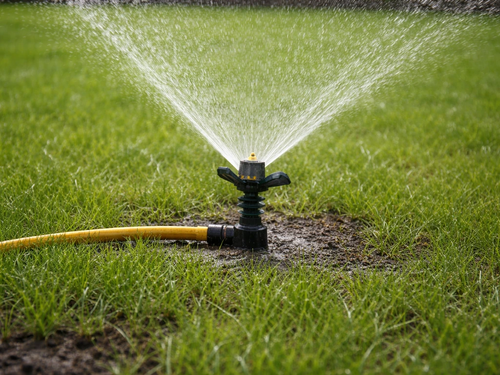 Arroseur de jardin en fonctionnement sur un jeune gazon fraîchement posé, sol uniformément humide.