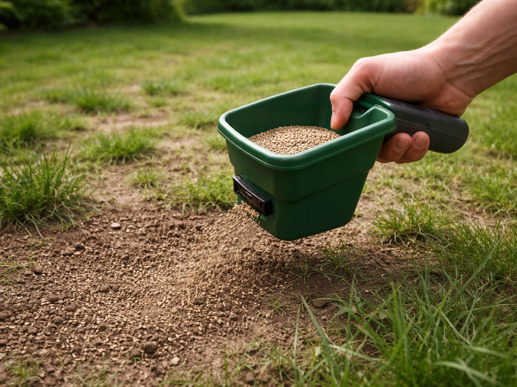 Main avec un semoir à gazon sur une pelouse clairsemée, graines visibles au premier plan.