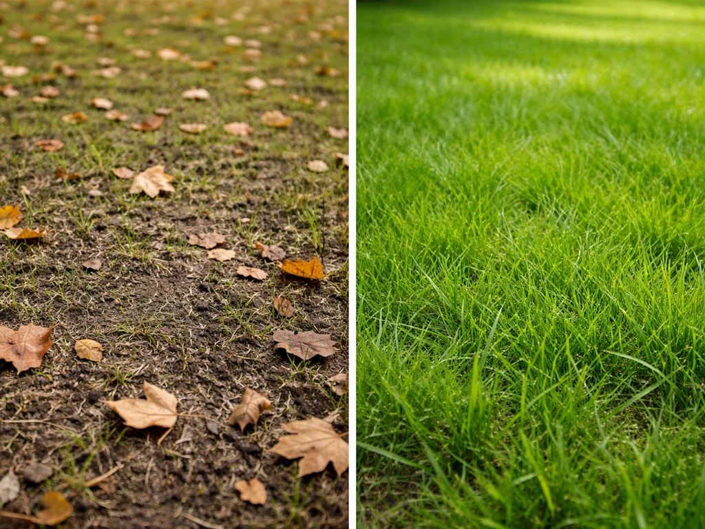 Deux vues rapprochées : pelouse regarnie en automne avec feuilles au sol, puis au printemps avec herbe verte en pousse.