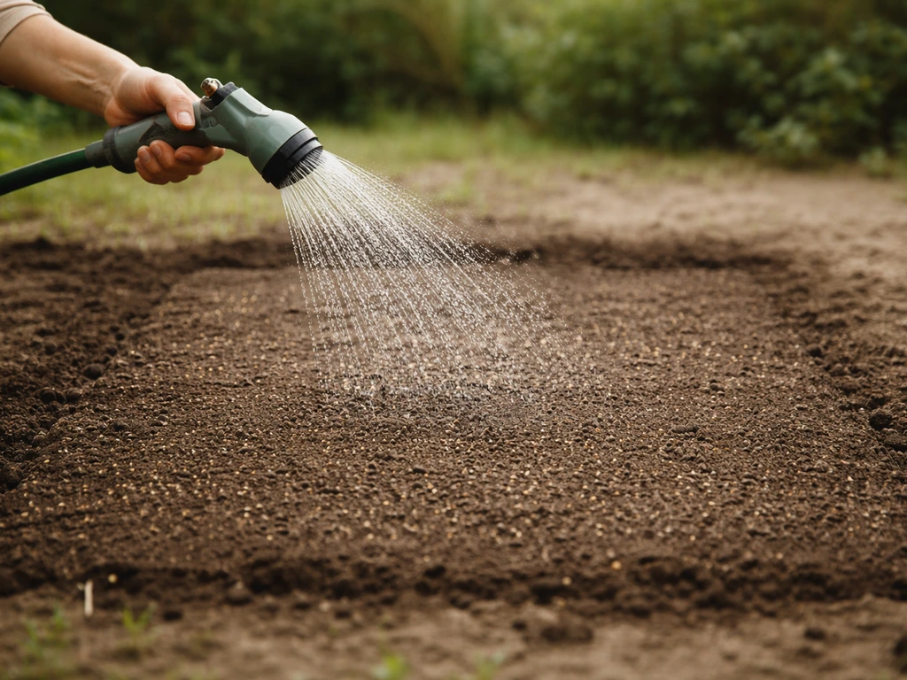 Arrosage en pluie fine après le semis, gouttelettes couvrant une petite parcelle de terre au jardin.